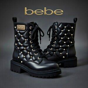 BEBE Black Studded Quilted Moto Combat Boots Sz 6 Y2K Goth Biker